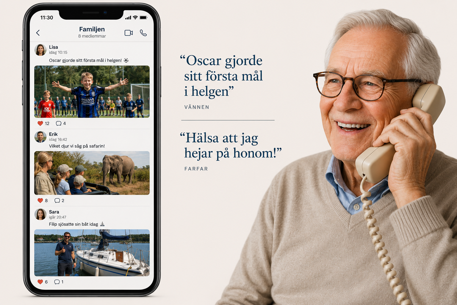 Telefon med familjens bildflöde bredvid en leende äldre man som pratar i sin vanliga telefon