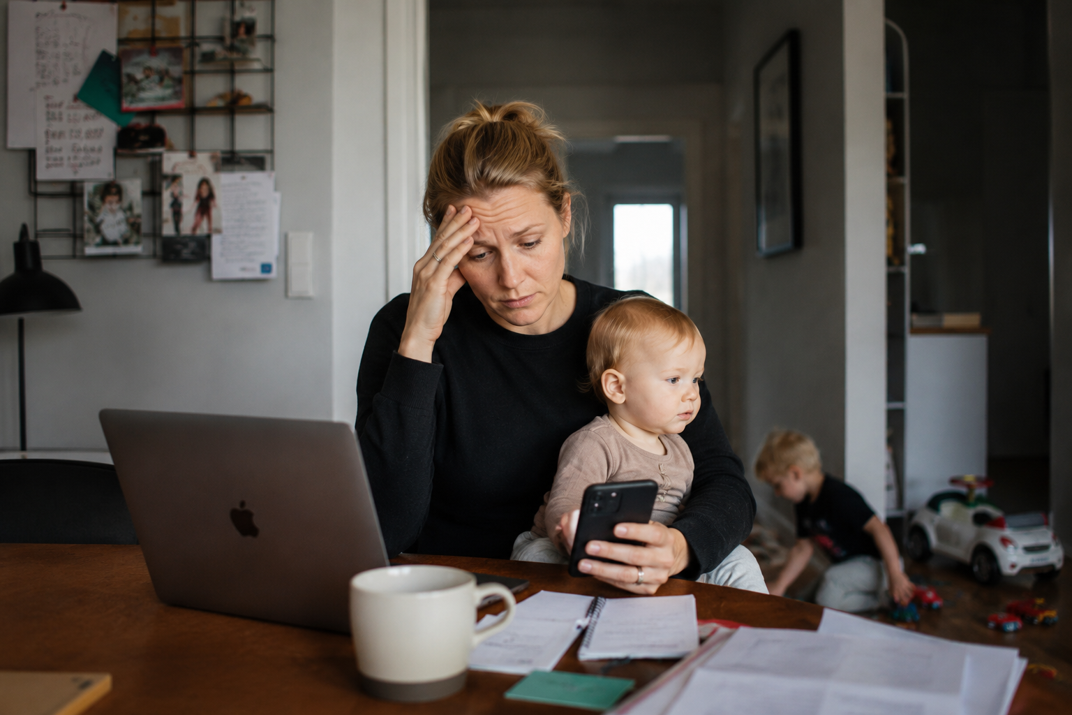 Småbarnsmamma med barn i knät tittar bekymrat på sin telefon vid köksbordet